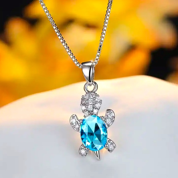 Urban Outfitters Jewelry - “Just Keep Swimming” Blue Turtle Diamond 925 Sterling Silver Gift Cute Necklace